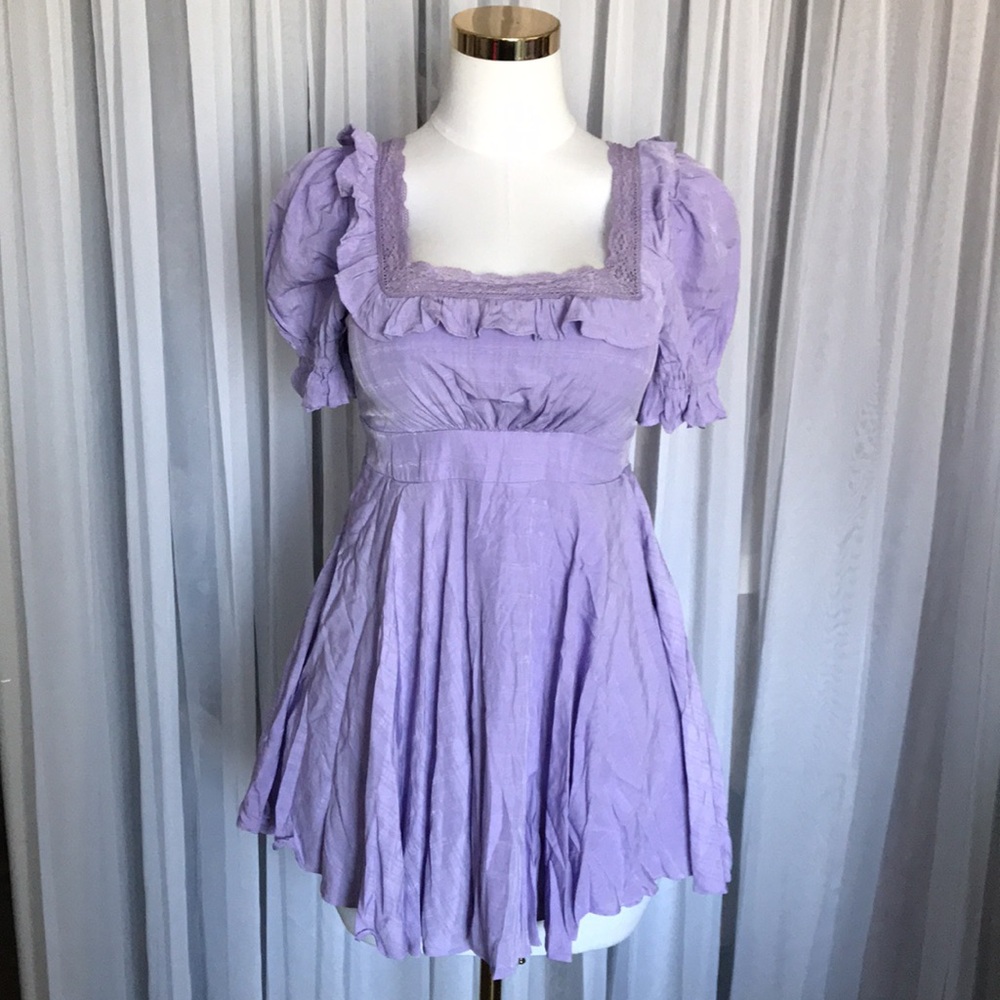 Lavender Ruffle Trim Mini Dress with Pockets - Picture 4 of 6